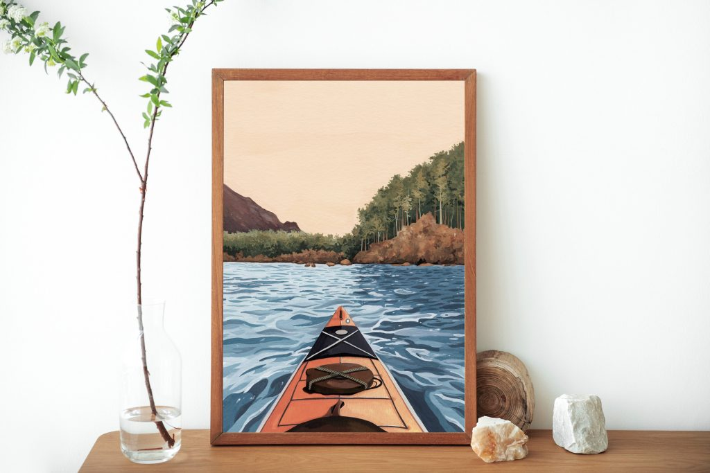 Orange Kayak Painting Art Print- Kayaking Travel Illustration- Kayak Poster Wall Art